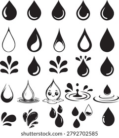 Black and white outline vector illustration of multiple water drops in various sizes. Clean and simple droplet shapes representing water, rainfall, hydration, purity, liquid flow, and environmental conservation. Minimalist line art with smooth contours, isolated on a white background. Monochrome vector design suitable for weather, ecology, sustainability, healthcare, and water resource concepts.