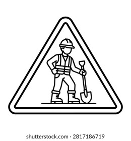 Black and white outline vector illustration of a roadwork or construction warning sign featuring a worker with a hard hat and shovel inside a triangle