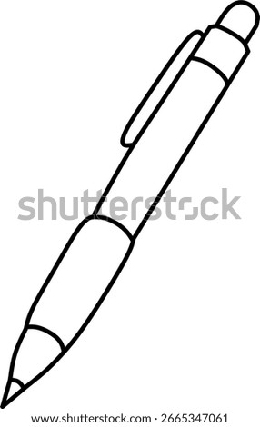 Black and white outline vector illustration of a ballpoint pen with clip, isolated on white background. Perfect for stationery, school, and office-themed designs.