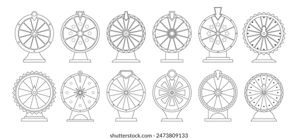 Black And White Outline Vector Illustrations Of Twelve Different Wheel Of Fortune Designs. Linear Monochrome Icons Set