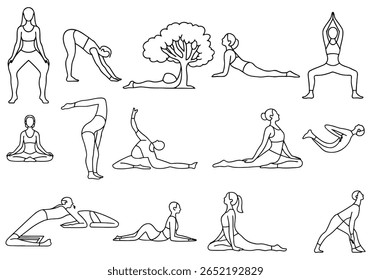 Black and white outline vector illustrations of yoga poses perfect for fitness, health, and wellness. Use these minimalist designs for workout diagrams, yoga studio materials, and health publications.