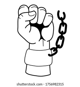Black and white outline vector logo icon of clenched hand with chain.