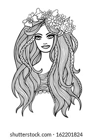 Black and white outline vector long-haired girl