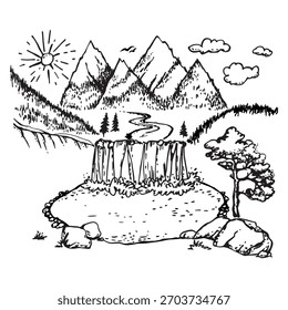 Black and white outline vector mountain landscape