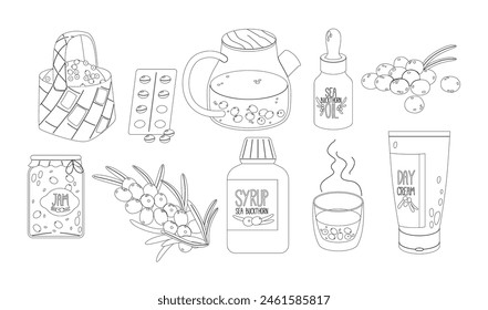 Black And White Outline Vector Set Showcasing A Variety Of Sea Buckthorn Products, Including Oil, Jam, Day Cream, Syrup
