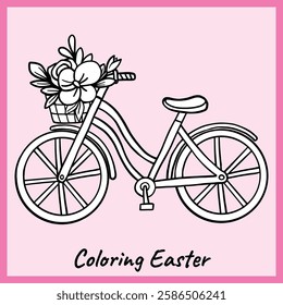 Black and white outline of a vintage bicycle with a basket full of flowers, perfect for Easter and spring-themed coloring activities. Great for kids and crafts