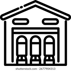 Icono de edificio de almacenamiento de balas de almacén de contorno blanco y negro