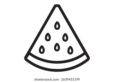 A black and white outline of a watermelon slice with seeds