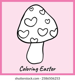 Black and white outline of a whimsical mushroom decorated with heart patterns, perfect for Easter and nature-themed coloring activities. Fun printable for kids