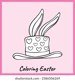 Black and white outline of a whimsical top hat decorated with hearts and bunny ears, perfect for Easter-themed coloring activities. Fun printable for kids and crafts