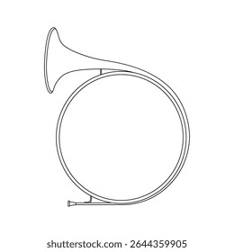 Contorno preto e branco do instrumento de vento "chifre" (barroco). Ilustração de tuba tradicional para educação musical e coloração.
