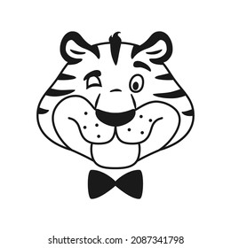 Black and white outline winking tiger face coloring page. Cartoon comic happy character portrait. Adorable line wild cat. Sketch wild cat head vector illustration.