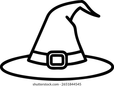A black and white outline of a witch hat, perfect for halloween, costumes, magic, and witchcraft themes