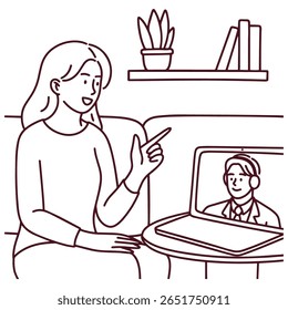 Black and white outline of woman pointing and talking to laptop screen during remote video call, suitable for coloring pages