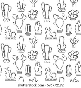 Black and white outlined cactus vector seamless pattern. Cactus doodle on white background. Houseplant pattern tile. Cacti in pot surface design. Nature coloring page. Hipster succulent texture swatch