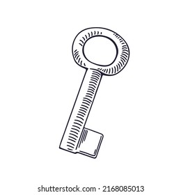 Black and white outlined door key drawn in vintage style. Sketch drawing of metal locking item. Contoured engraving. Retro etched woodcut. Isolated handdrawn vector illustration