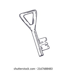 Black and white outlined drawing of door key in vintage style. Contoured engraving. Detailed retro etching, woodcut of unlocking item with triangle bow. Isolated hand-drawn vector illustration