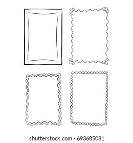 Black and white outlined frames set. Simple square, wavy with hearts, curved with thick outline and in form of chain frameworks vector illustrations.