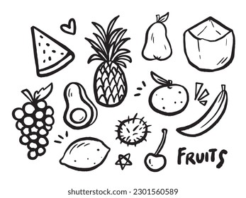 Black and white outlined fruits vector illustration isolated on horizontal landscape template. Simple flat monochrome healthy food drawing.