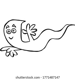 Black and white outlined ghost drawing. Vector. Cartoon.