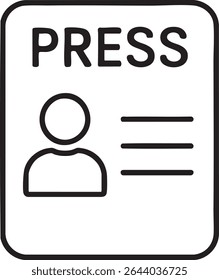 Um ícone com contorno preto e branco representando um press pass, apresentando um ícone de pessoa e a palavra "PRESS".