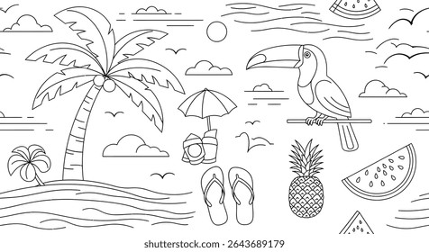 Um esboço preto e branco ilustração de uma cena de praia tropical com um tucano, palmeiras, abacaxi, melancia e acessórios de verão.