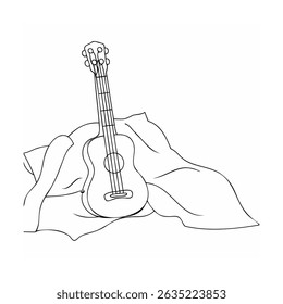 Black and white outlined illustration of a ukulele resting on soft linen fabric
