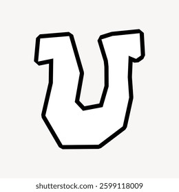 Black and white outlined letter 'U' in a bold, angular style. The letter 'U' stands out with its thick, bold outline and angular design. Doodle illustration vector.