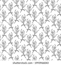 black and white outlined sketchy florals seamless pattern, endless repeatable flower texture