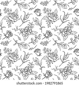 black and white outlined sketchy peony roses eucalyptus branches floral seamless pattern, endless repeatable flower texture