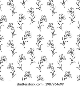black and white outlined sketchyfloral seamless pattern, endless repeatable texture