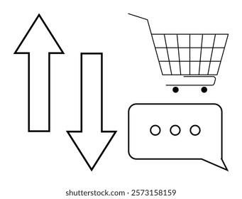 Black and white outlined symbols include a shopping cart, up and down arrows, and a chat bubble with ellipses. Ideal for e-commerce, online shopping, communication, data trends, and customer service