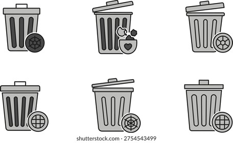 Black and white outlined trash can with various lids and wheels