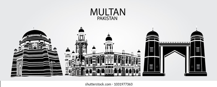 Schwarz-Weiß-Umrisse mit weißem Hintergrund von Denkmälern Multan Pakistan. Einschließlich Grab von Shah Rukn-e-Alam , Ghanta Ghar und Bab-e-Qasim Multan Fort.