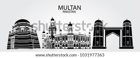 Black and White outlines with white background of monuments of Multan Pakistan. Including Tomb of Shah Rukn-e-Alam , Ghanta Ghar and Bab-e-Qasim Multan Fort.