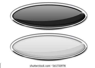 Black and white oval buttons with chrome frame. Vector 3d illustration isolated on white background.