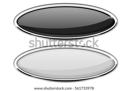 Black and white oval buttons with chrome frame. Vector 3d illustration isolated on white background.