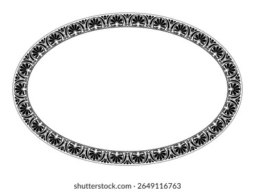 Quadro floral oval preto e branco em estilo grego antigo isolado no fundo branco. Meandro grego. Ornamento circular. Padrões da Grécia, Roma antiga. Estilo grego vetorial. Para têxteis, bordados