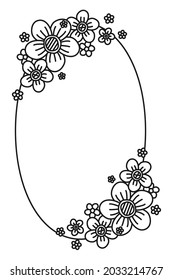 Flor ovalada blanca y negra con espacio de copias. Borde decorativo para la tarjeta de regalo hecha a mano. Colorear la página del libro para adultos y niños. Ilustración vectorial para afiches, invitaciones o volantes hechos a mano.