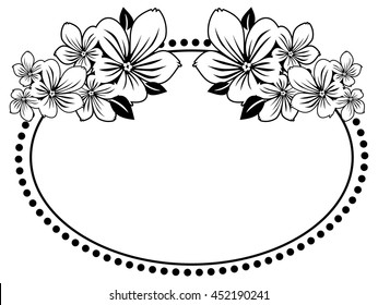 Black and white oval frame with abstract flowers silhouettes. Vector clip art.