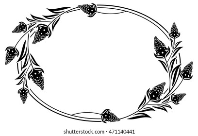 Black and white oval frame with decorative flowers silhouettes. Vector clip art.