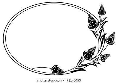 Black and white oval frame with decorative flowers silhouettes. Vector clip art.