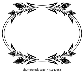 Black and white oval frame with decorative flowers silhouettes. Vector clip art.