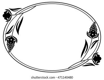 Black and white oval frame with decorative flowers silhouettes. Vector clip art.