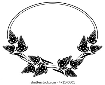 Black and white oval frame with decorative flowers silhouettes. Vector clip art.