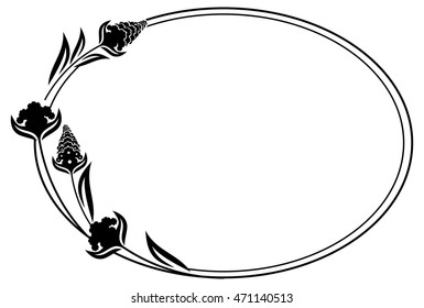 Black and white oval frame with decorative flowers silhouettes. Vector clip art.
