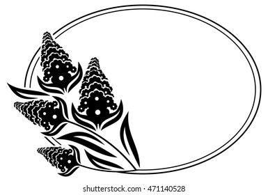 Black and white oval frame with decorative flowers silhouettes. Vector clip art.
