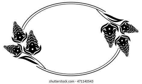 Black and white oval frame with decorative flowers silhouettes. Vector clip art.