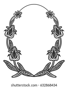 Black and white oval frame with floral silhouettes. Copy space. Vector clip art.