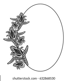 Black and white oval frame with floral silhouettes. Copy space. Vector clip art.
